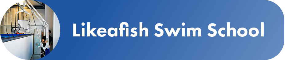 a blue button with white text that says "likeafish swim school"