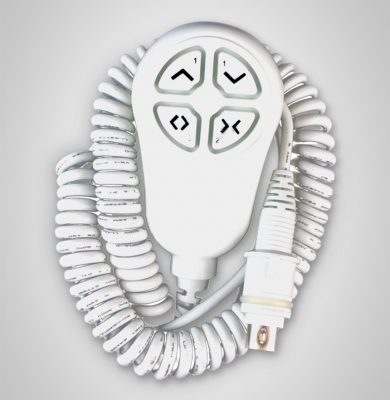 hand held controller, laid on white background, 4 button model is shown.